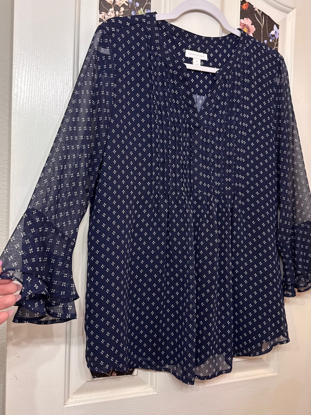 Charter Club Navy Printed Ruffle-Sleeve Blouse